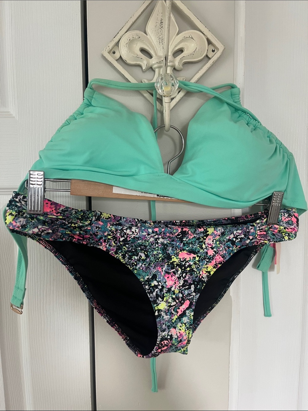 Victoria's Secret Mint Halter Bikini Top with Neon Splatter Bottom